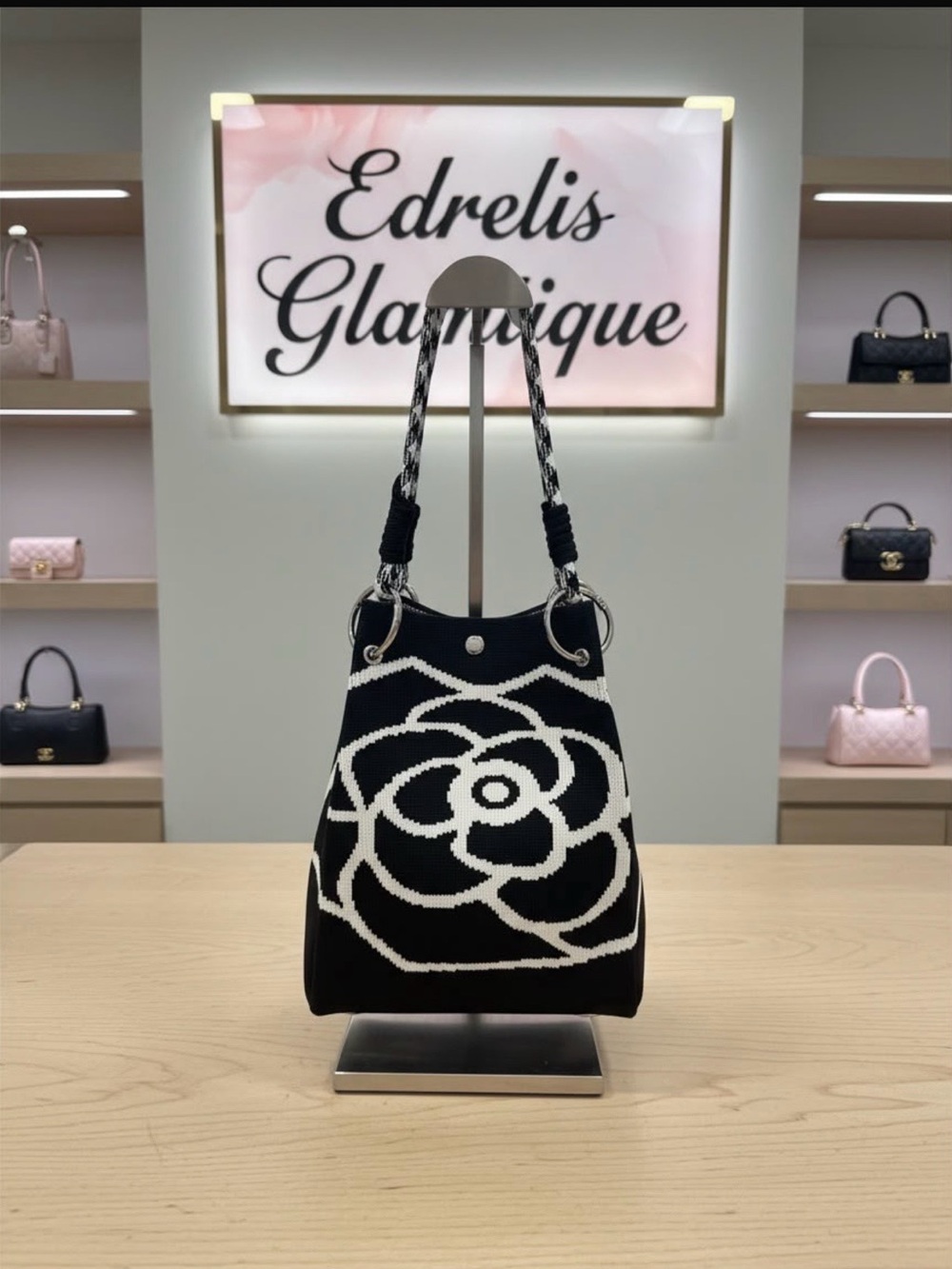 Black & White Floral Knit Tote